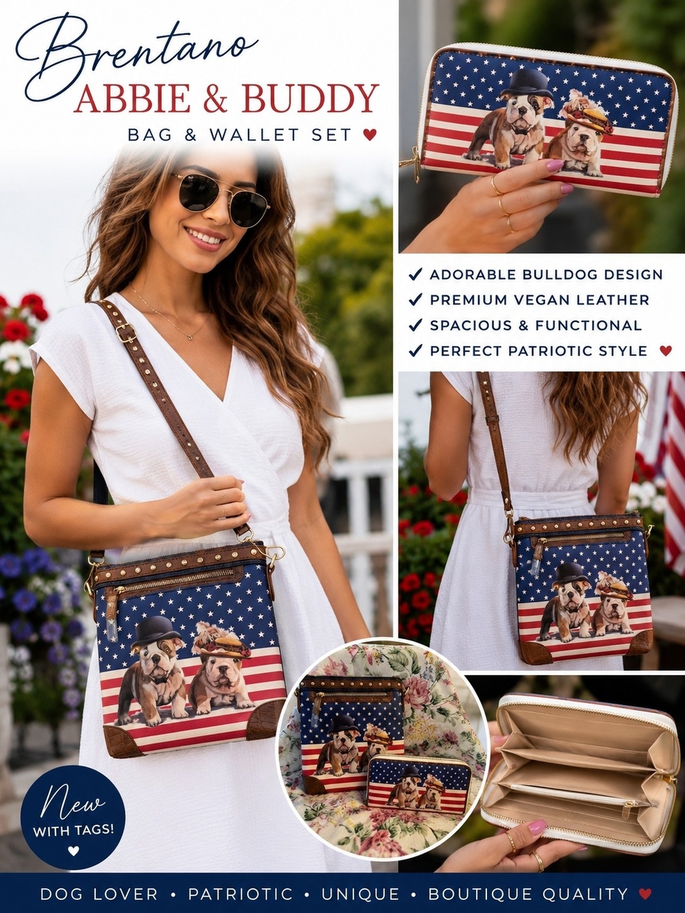 🌟 NWT Brentano “Abbie & Buddy” Bulldog Americana Crossbody Bag 🌟